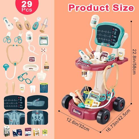 deAO Doctor Child Toy, 29 Accessories with Stethoscope and Electronic Medical Trolley, Role Play Set, for Children 2 3 4 5 6 Years Old in Saudi Arabia