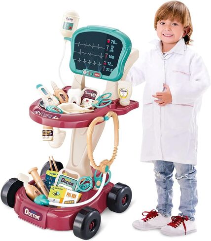 deAO Doctor Child Toy, 29 Accessories with Stethoscope and Electronic Medical Trolley, Role Play Set, for Children 2 3 4 5 6 Years Old in Saudi Arabia