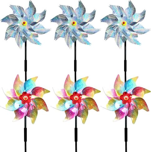 6 Pack Windmills for Yard,Reflective Pinwheels with Stakes,Pinwheels for Yard and Garden,Bird Deterrents for 0utside,Sparkly Windmills for Garden Decor Scare Birds Away (6 Pack Blue+Silvery) in Kuwait
