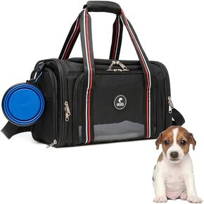 Soft-Sided Pet Carrier - Ventilated Foldable & Collapsible Under Seat Travel Kennel with Pockets for Small to Medium Dogs & Cats up to 15 lbs (Black)