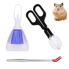 Mini Dustpan and Brush, Reptile Scoop Feeding Tool, Stainless Steel Straight Tweezers and Curved Tweezers for Reptiles, Hamsters, Hedgehogs, Rats, Guinea Pigs, Lizards and Other Small Animals(Black)