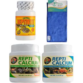 الكالسيوم Repti مع D3 (3 أوقية) ، والكالسيوم Repti بدون D3 (3 أوقية) ، والزواحف دون D3 (2 أوقية) للزواحف ، يتضمن قطعة قماش لتنظيف الألياف الدقيقة
