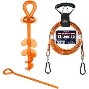 30ft Dog Tie Out Cable and Stake for Large Dogs up to 300 lbs - Heavy Duty Dog Stakes for Outside (Orange Bundle)