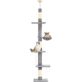 Cat Tree من 5 مستويات من الأرض إلى السقف ، 89-109 بوصة برج قطة قابلة للتعديل مع أرجوحة مريحة ، شجرة تسلق القطط للقطط الداخلية ، خدش القط للقطط للقفز والتسلق ، gery