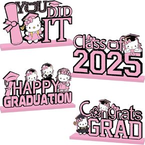 4pcs Hello Kity Pink Graduation Decorations 2025 Wooden Table Centerposes تهانينا
