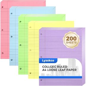 200 Sheets Loose Leaf Binder Paper, Colorful College Ruled Paper, 3-Hole Punched Notebook Paper for School Office, 8" x 10.5"
