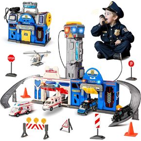 Police and Hospital Station Transform Track Sets for Kid Boys, Foldable Large City Action Playset with Light, Sounds, Walkie-Talkie, Cars and Helicopter, Birthday Gifts for Boys Age 3 4 5 6