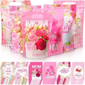 Kosiz 60 Pcs Mother's Day Gift Bags with Handles Plastic Pink Flower Mom Candy Treat Goodie Cookie Bags for Mothers Day Theme Floral Party Favors Supplies