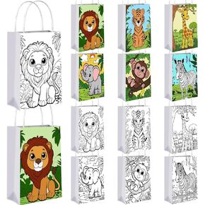 QICI 18 PCS Safari Animals Paper Paper Colling Bass with Honouse Color الخاص بك حقائب هدايا الحلوى الخاصة بك غابة DIY Craft Goody Bag Wild Animals Party Favors Favors Wabs Hight