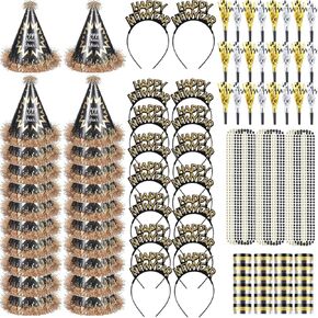 26 PCS 2024 New Year's Eve Party Supplies Happy New Year Party Favors Included Hair Hoop Noise Makers Cone Hats Aluminum Film Bead Necklaces