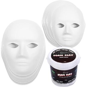 CALPALMY White Moldable Foam Clay (300g) & Paper Mache Masks (30 Pack)