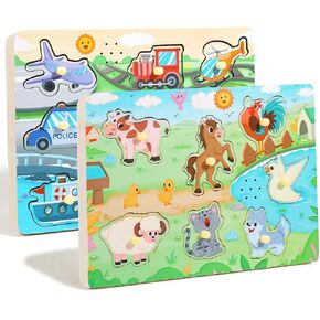 Grinnnie Farm Animals and Meanicles Sound Puzzle (15 PCS) - ألعاب ألغاز ربط الأطفال الخشبية مع المؤثرات الصوتية لمدة 3 4 سنوات ، عيد ميلاد للفتيات الفتيات