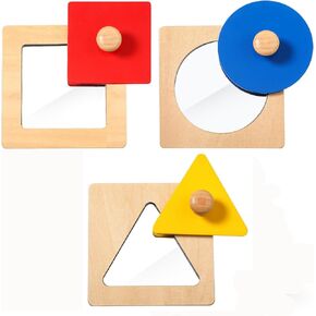Civaner 3 PCS ألعاب Montessori للأطفال الصغار 1-3 مرآة Peekaboo مقبض اللغز الملونة مرآة ألغاز الشكل الهندسي الخشبي للهدايا عيد ميلاد الطفل.