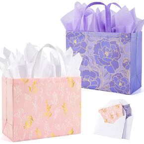 Yangte 2 Pack 13 "حقائب هدايا كبيرة جميلة مع بطاقة تحية وورق منسوجة ، وحقائب لفات الهدايا غير المنسوجة القابلة لإعادة الاستخدام مع مقبض لأية عيد ميلاد ، وحفلات الزفاف ، يوم الأم واللحظات الخاصة