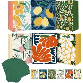 qiqee 7.9"x4.3"x9.6" 6PCS Clash Flowers Paper Gift Bags with Tissue Paper Handles Medium Size Bags（6pcs Bags +18pcs Tissue Paper ）
