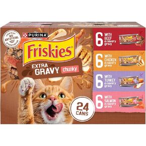 Purina Friskies Extra Gravy Wet Cat Food Chunky 24ct Variety Pack (With Chicken, Turkey, Salmon, Beef) - (Pack of 24) 5.5 oz. Cans
