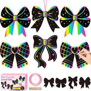 Cy2Side Coquette Bow Scratch Cards - 60pcs DIY Bow Scratch Paper Craft for Kid ، Girl Girl Coquette Color Coll Screap Card ، Magic Arty Rainbow Coll Craft Ornament for School Classroom Art
