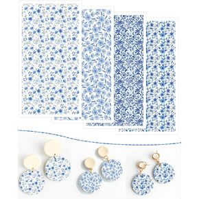 Puocaon Blue Flower Transfer Paper - 4 Design 20 PCS Polymer Clay Sheets ، ورق نقل الأزهار الأزرق لطين البوليمر ، ورق نقل الطين لصنع المجوهرات القرط