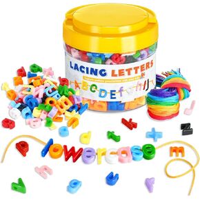 278 Pcs Lacing Letters Beads, Lowercase Alphabet Learning Toys, 10 Color Rainbow Alphabet Beads with 18 Laces, Preschool & Home Educational Toy for Kids Ages 3+, Back to School Supplies