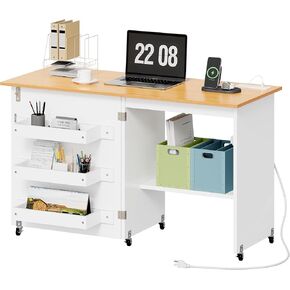 YITAHOME Foldable Sewing Machine Table with Storage, 49.2" L Sewing Desk with Adjustable Shelves, 3 Side Storage, and Built-in Power Outlet, Ideal Crafting Desk for Quilting & Sewing Projects