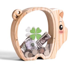 Wooden Cat Piggy Banks for Kids ، Bank Unbreakable Coin Bank for Kids مع ملصق للرسالة ، وصندوق النقد الخشبي ، هدية عيد ميلاد قابلة للتخصيص ، لعبة تعليمية للأولاد Girls Cat Bovers