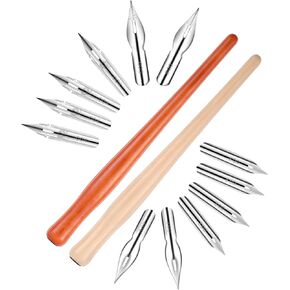 14 PCS Dip Pen Pen Nibs Holders with Comic Palligraphy Wooden Drawing Pen حامل القلم مع بنك فني من الفولاذ المقاوم للصدأ ، والخط المائل.