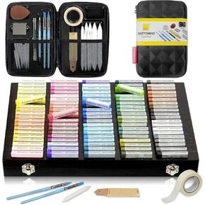 COLOUR BLOCK 130pc Soft Pastel Set & Blending Tools I Wooden Case Chalk Pastels & Versatile Sketching Tools, Drawing Art Blenders for Beginners and Experienced Charcoal Artists