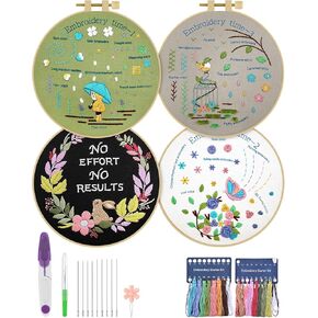 ERKOON Embroidery Kits for Beginner, 4 Sets Pattern Cross Stitch Kits for Adult Starter, for Include Embroidery Cloth Hoops Threads for Craft Lover Hand Stitch with Embroidery Skill Techniques