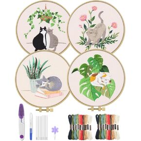 ERKOON Embroidery Kits for Beginner, 4 Sets Pattern Cross Stitch Kits for Adult Starter, for Include Embroidery Cloth Hoops Threads for Craft Lover Hand Stitch with Embroidery Skill Techniques in Kuwait