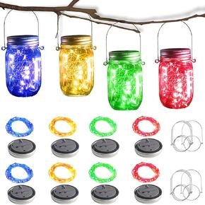 Solar Mason Jar Lights [Updated], 8 Pack 20 LED Waterproof Fairy Firefly Jar Lids String Lights with Hangers(NO JARS), Patio Yard Garden Wedding Decoration - Warm White