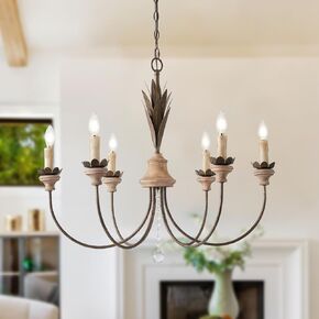Vintage Bird French Country Chandelier Rustic Wooden Beaded Farmhouse Chandelier for Living Room Wood Lighting Fixtures 6-Light
