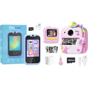Kids Smart Toy Phone Blue and Kids Camera Instant Print Unicorn Toys Pink