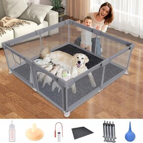 مربع Whelping للكلاب ، 50'x50''x26.5 '' ، playpen sturdy dog ​​play with mesh mesh mesh spricter ، تشمل قسطرة مخاط العقيمة
