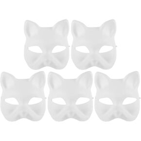 STOBOK Cat Mask, 5pcs Masquerade Cat Masks DIY Paintable Blank Masks Halloween White Cat Unpainted Masks for Cosplay, Party Favors, Masquerade Prop