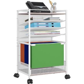 5 Tier Wooden Rolling File Cabinet Cart,Mobile Pull-Out File Folder Rack, Metal Utility Storage Cart with Wheels, Hanging File Folders Organizer for Home Office Classroom, Retro Grey/White