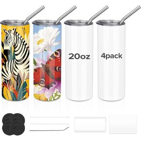Fastsub 4 Pack 20 Oz Sublimation Tumblers Flant Cups Straight نحيل أبيض الفولاذ المقاوم للصدأ معزول مع غطاء وقش مع فيلم Wrap Shink وورق التسامي للضغط الحراري للبلوبان.