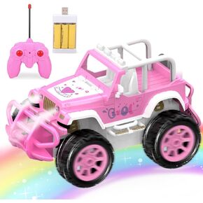 Qizebaby Remote Control Pink Car for Girls, RC Toy Car for Toddlers Age 3+, Rechargeable Off-Road Princess Vehicle Toy Truck with Light, Truck Toys for 3 4 5 6+ Girls Kids Birthday Toy Gift
