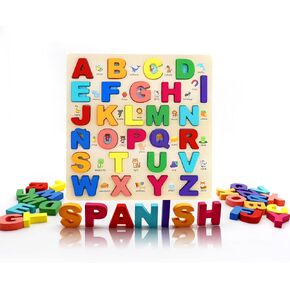 Maysaphilos Wooden Alphabet Puzzle ، تعلم اللغة الإسبانية للأطفال مع 27 حرفًا إسبانيًا ، وألواح ABC الملونة للأطفال ، وألعاب التعلم التعليمية في مرحلة ما قبل المدرسة للفتيات والفتيان