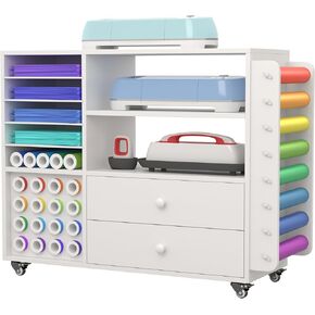 التنظيم الحرفي وعربة التخزين متوافقة مع طاولة Cricut Machine Cricut ، منظم حرفي متداول مع اثنين من الدرج الكبير و 24 حامل لفة فينيل ومنظم تخزين الورق ، لآلات الحرف اليدوية