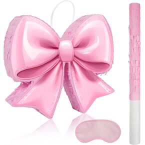 Pink Bow Piñata - ألوان مائية القوس Piñata مع معصوب العينين والخفافيش للبنات أطفال الأقواس الوردية ديكورات حفلة عيد ميلاد (صغيرة الحجم 16 "x13" x3)