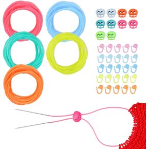 Dexspoeny 10 Pcs Knitting Needle Stoppers,Colorful Silicone Knitting Stitches Holder with 20Pcs Plastic Crochet Hook Clip,2mm Hollow Rubber Tubing Knitting Barber Cord,Convenient for Knitting