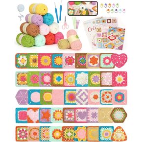 Katech Crochet Kit للمبتدئين البالغين مع دروس فيديو خطوة بخطوة ، 50 Granny Square Kit للمبتدئين يتعلمون الكروشيه ، مجموعة كروشيه لاعب الكروشيتر مع 12