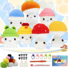 Wueuru 7 PCS Crochet Kit للمبتدئين ، مجموعات بداية الكروشيه للبالغين ، Kit Crochet Starter Kit مع دروس فيديو خطوة بخطوة فطر