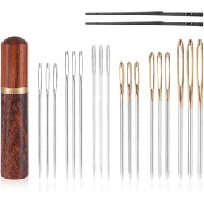 20pcs Large Eye Sewing Stainless Needles, Big Eye Embroidery Needles Steel Blunt & Sharp Tapestry Needle Hand Knitting Needle with Wooden Case for Leather Stitching Quilting Crochet Weaving Project