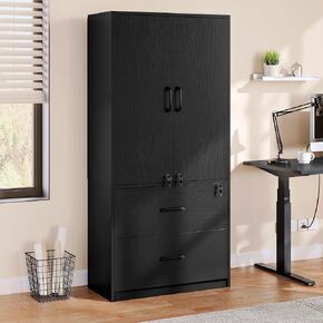 DWVO File Cabinet with Lock, Wood Filing Cabinet with Doors, Storage Cabinets with Adjustable Shelves, Garage Tool Cabinets for Home Office, Living Room, Pantry, Basement, Warehouse, Black