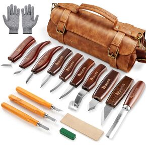 Wood Carving Kit - 17PCS Wood Carving Tools, Wood Whittling Knife Kit Deluxe, Wood Carving Knife with Large Leather Case for Beginner and Carpenter Experts