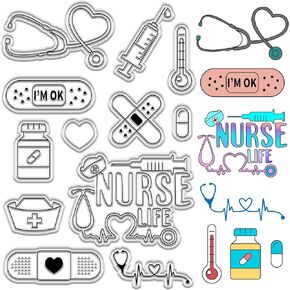CRASPIRE Nurses' Day Clear Stamps Band Aid Pill Bottle Thermometer Stethoscope Syringe Heart Reusable Postmark Transparent Silicone Stamp Seals for Journaling Card Making Decor Scrapbooking Supplies