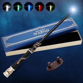Light Up Magic Wizard Wand with 5 Static Light Color, Rechargeable Illuminating Resin Witch Wand for Kids Collection Cosplay, with Mini Stand Display, Trunk