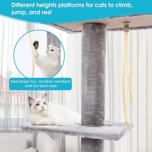 Cat Tree 5-Tier Floor to Ceiling, 89-109 Inch Adjustable Height Cat Tower with Cozy Hammock, Cat Climbing Tree for Indoor Cats, Grey in Saudi Arabia