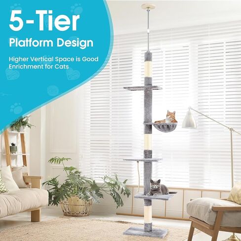 Cat Tree 5-Tier Floor to Ceiling, 89-109 Inch Adjustable Height Cat Tower with Cozy Hammock, Cat Climbing Tree for Indoor Cats, Grey in Saudi Arabia
